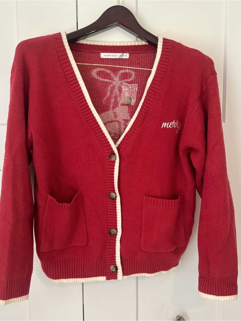 Altar'd State Red V-Neck Merry Cardigan with Cream Trim